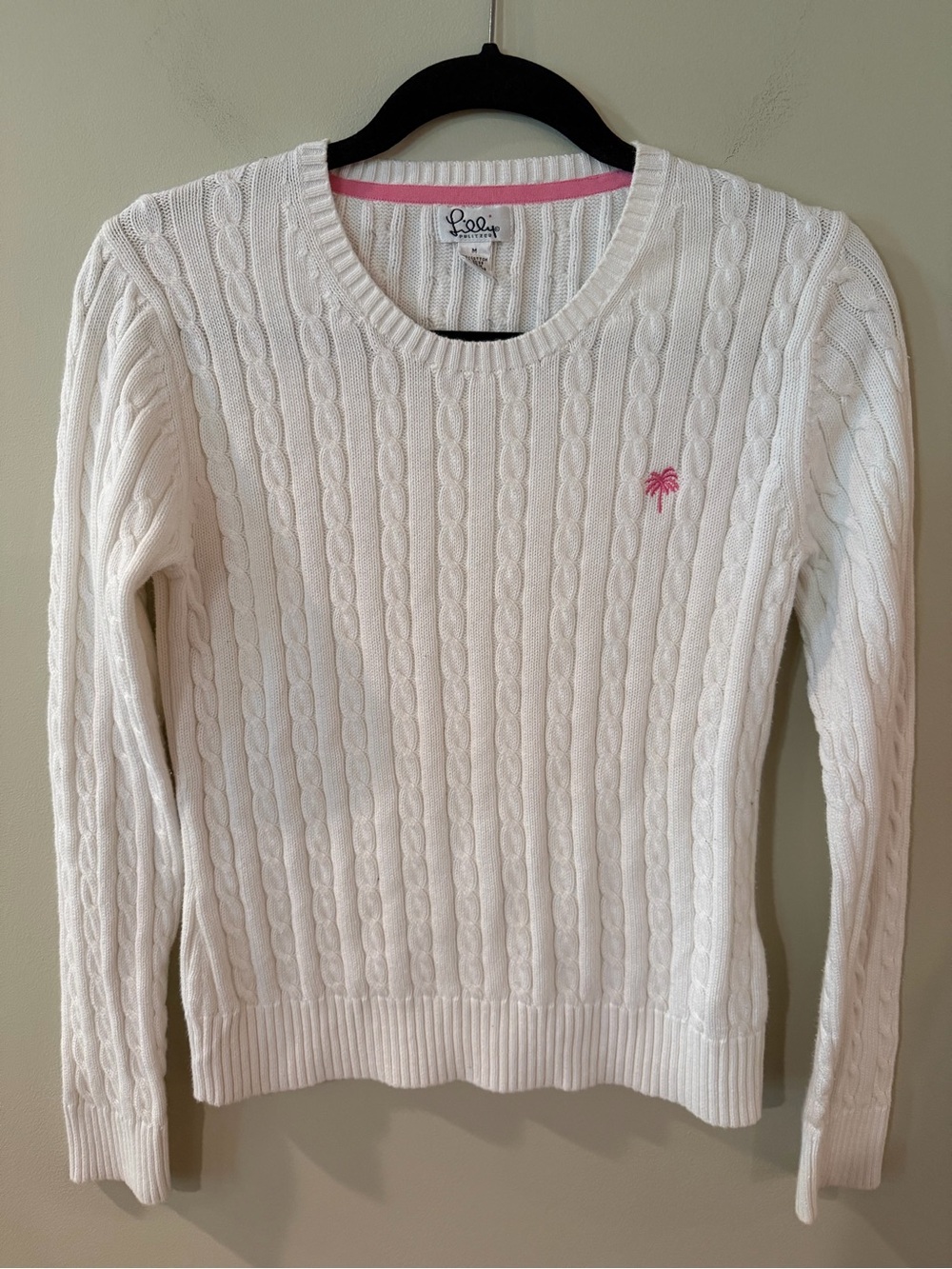 Vintage Lilly Pulitzer White Cable-Knit Sweater with Pink Palm Motif